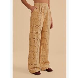 Farm Rio Pineapple Eyelet Lace Wide Leg Pants Khaki Size Small NWT